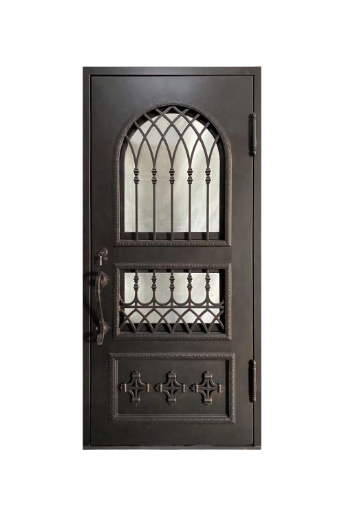 Regency Lattice Single Iron Arched Door – Elegant Lattice Iron Design