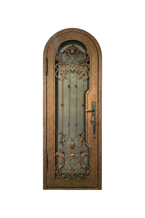 Aurum Entryway iron door with gold accents and ornate wrought iron design