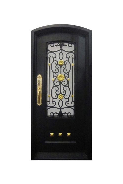 Gilded Dahlia arched iron door with floral motifs and gold-touched accents
