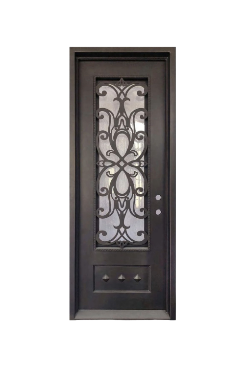 Magnolia Noir iron door with magnolia-inspired scrollwork and deep black finish