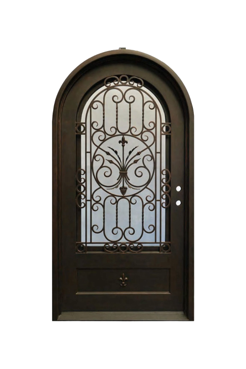 Ivy Crest arched iron door with vine-inspired scrollwork and black matte finish