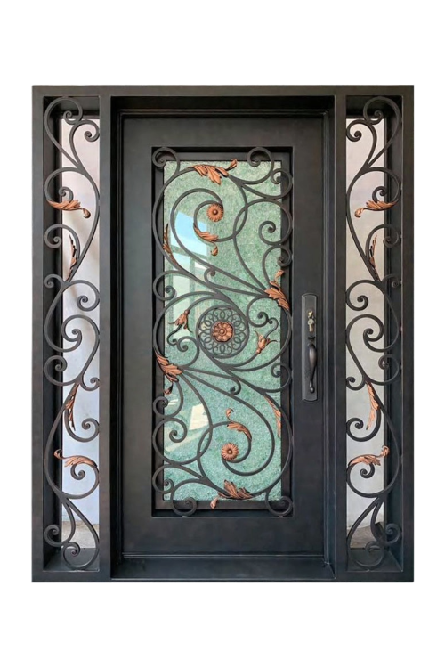 Bronze Laurel iron door with laurel leaf detailing and antique bronze patina