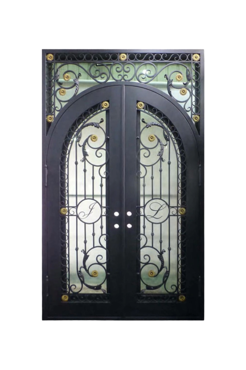 Gilded Initial Double Iron Door – Regal Ironwork with Archway Design