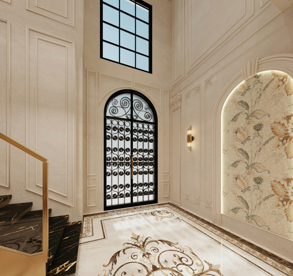 Arched double iron doors with subtle scroll detail