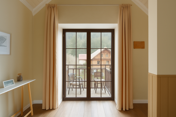 Modern double iron doors with full-height glass panels