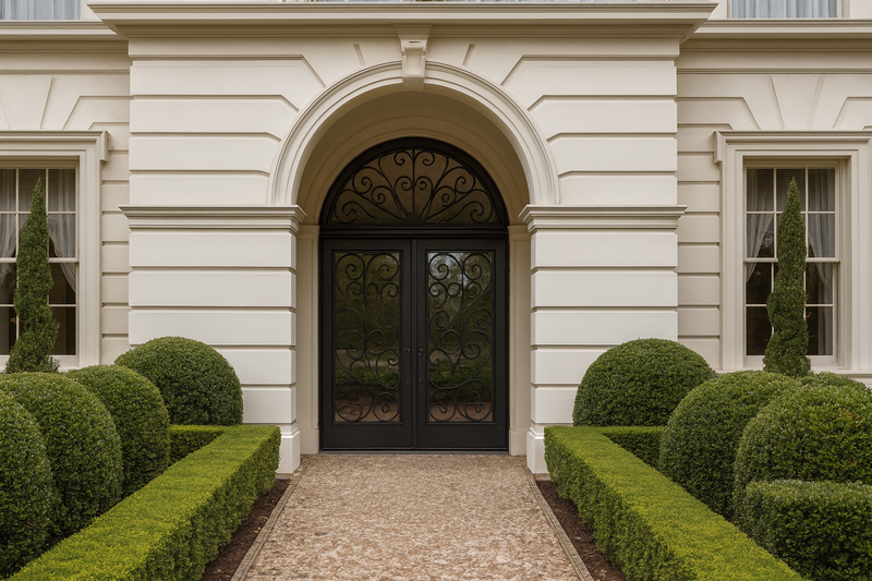 Estate-scale iron entry with double doors and tall surround