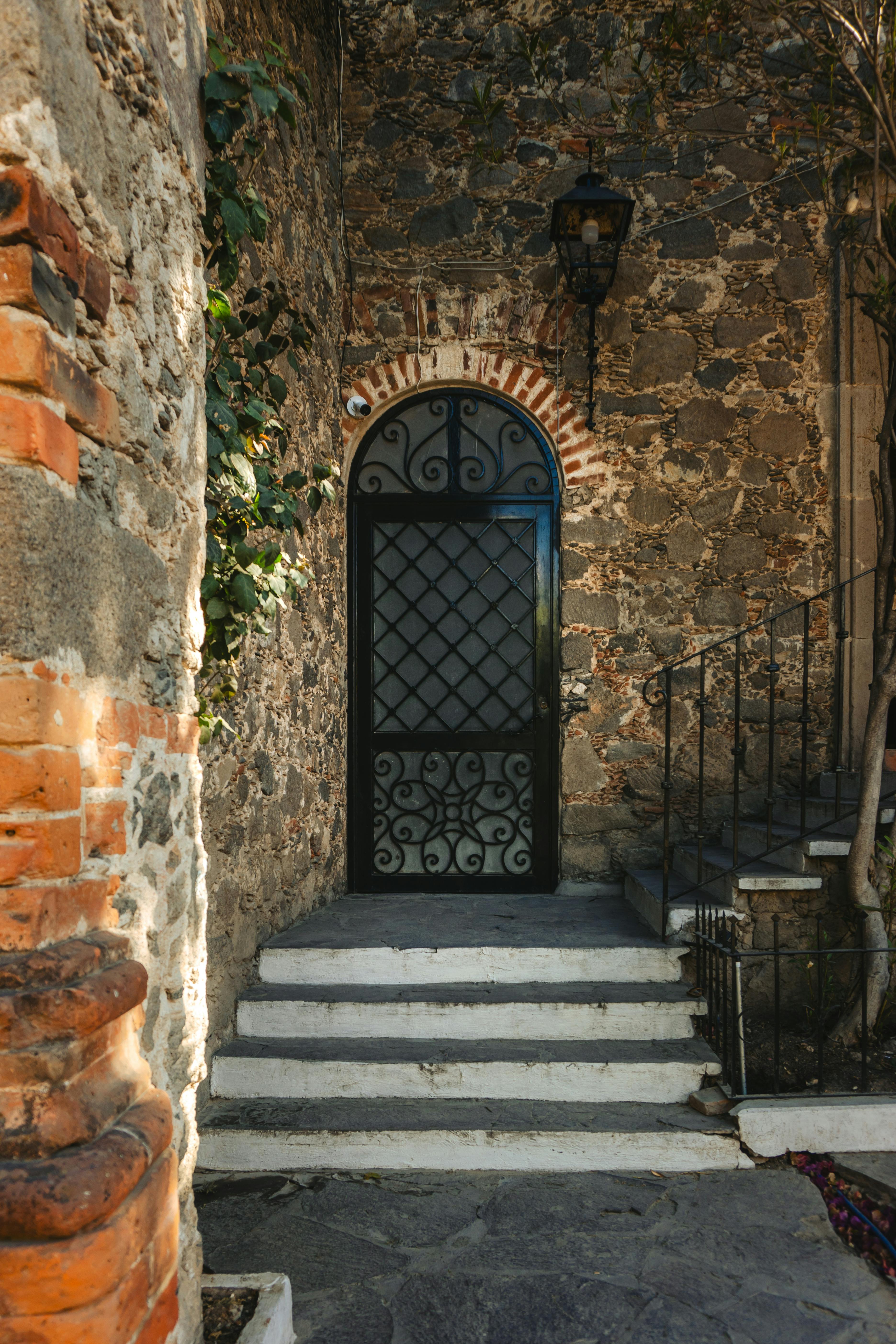 Farmhouse iron door with arched top and privacy glass