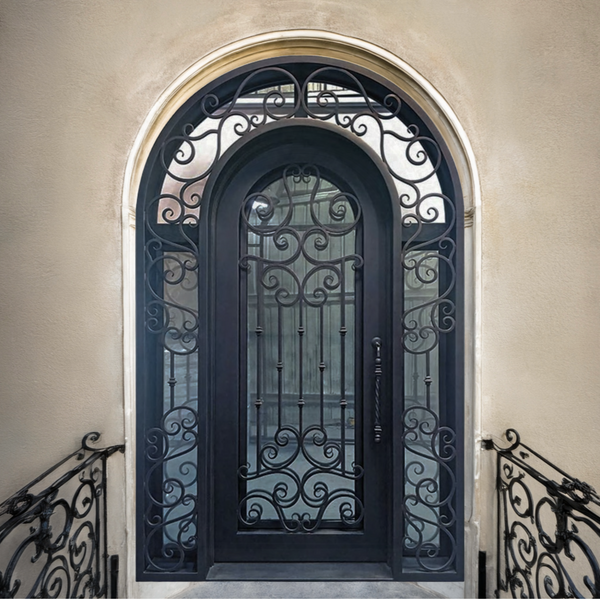 Iron entry door with matching sidelights and clear insulated glass
