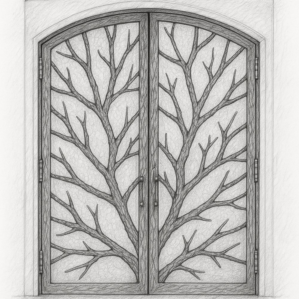 Iron entry doors enhancing Mediterranean-style home facade