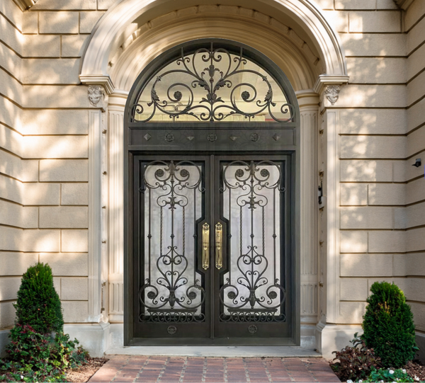 Luxury double iron entry door with arched scroll motifs