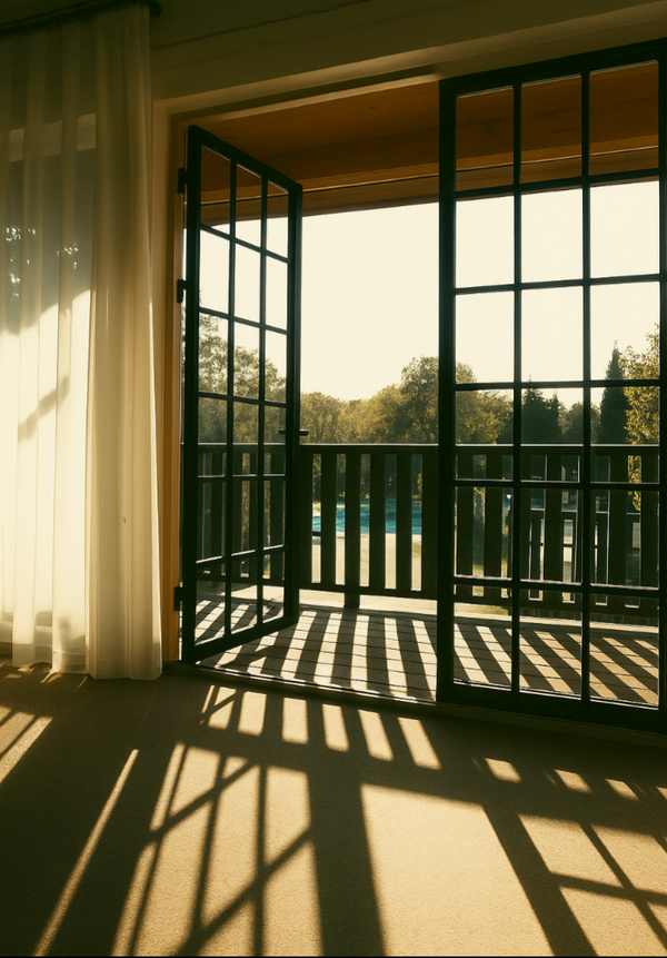 Minimalist iron door with thin frame and clear glass