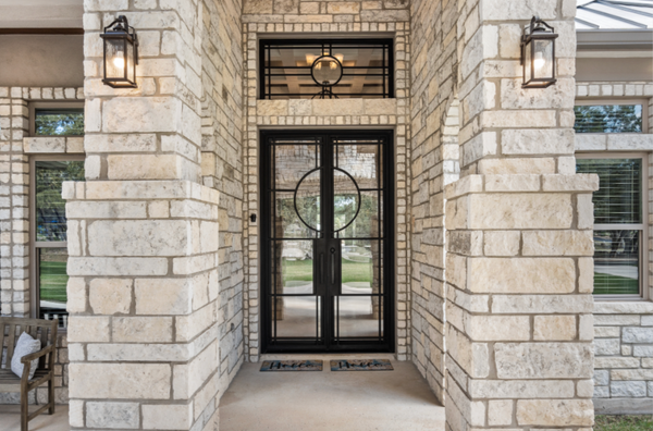 Modern French-style iron doors with narrow divided lights