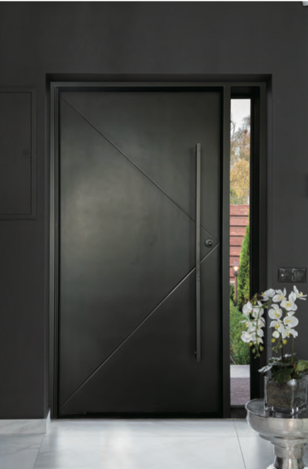 Modern pivot iron door in matte black with wide frame