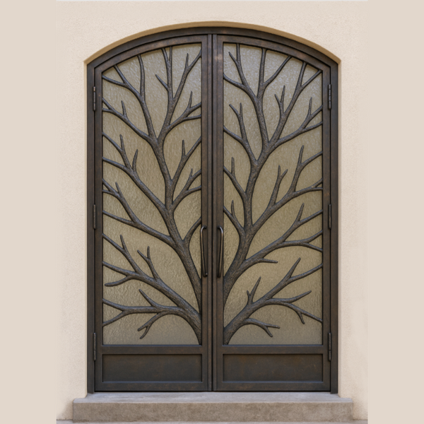 nature-inspired iron door with vine and leaf motif, clear glass