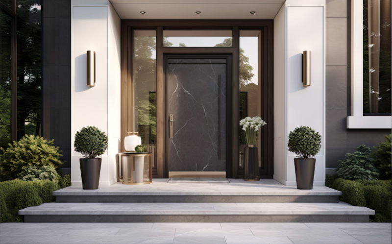 Pivot iron door in matte black with slim frame and clear glass