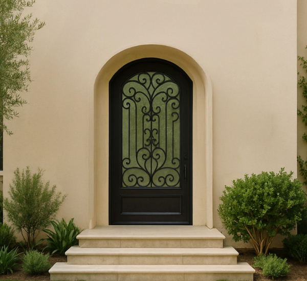 Arched single iron entry door with subtle curve top