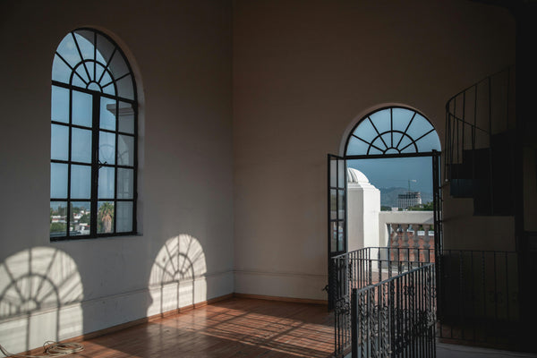 Slim-line minimal iron doors in matte black with full glass