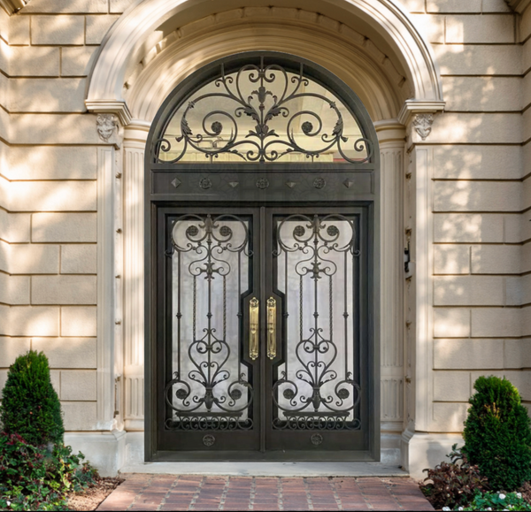 Arched double iron doors with coordinating arched transom 10ft